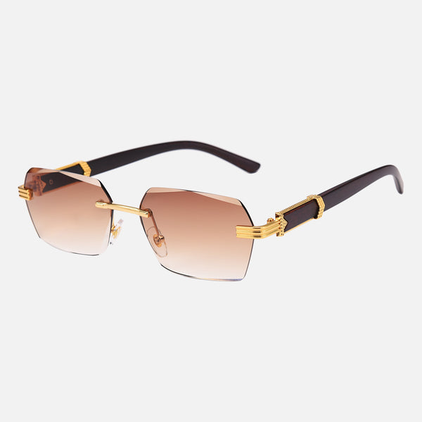 Guan - Brown Lenses / Wooden Frame - anti scratch coating, CE certified eyewear, guan style sunglasses, guardian shades, premium sunglasses, protective eyewear, reliable glasses, sturdy sunglasses, unisex sunglasses, UV400 protection - Brown gradient lenses with gold-accented wooden frames and black temples sunglasses.