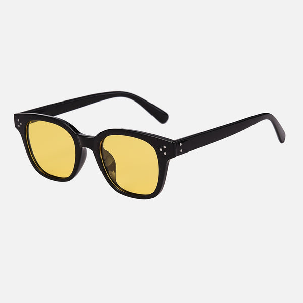 Amor - Yellow Lenses - amor style sunglasses, anti scratch coating, CE certified eyewear, charming sunglasses, elegant glasses, love inspired shades, premium sunglasses, romantic eyewear, unisex sunglasses, UV400 protection - Black square frames with yellow lenses and subtle silver rivet accents on the temples.