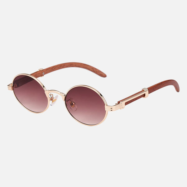 Santo - Brown Lenses / Wooden Frame - anti scratch coating, CE certified eyewear, designer sunglasses, fashion glasses, premium shades, premium sunglasses, stylish eyewear, trendy sunglasses, unisex sunglasses, UV400 protection - Round brown gradient lenses with wooden and gold metal frames sunglasses.