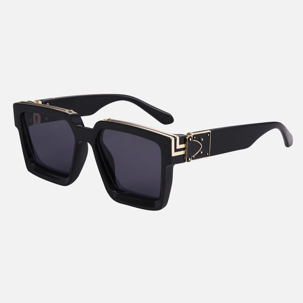 Invictus - Black Lenses / Black Frame - anti scratch coating, bold glasses, CE certified eyewear, champion sunglasses, invictus sunglasses, powerful eyewear, premium sunglasses, undefeated style shades, unisex sunglasses, UV400 protection - Black square bold frames sunglasses with gold geometric accents and dark lenses.