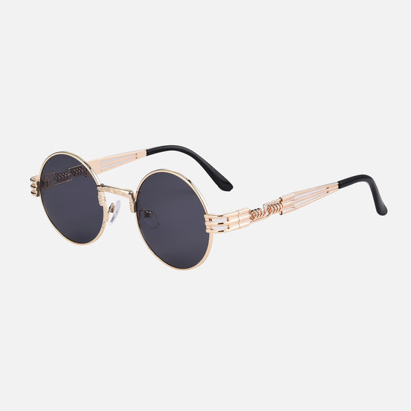Tripper - Black Lenses / Gold Frame - adventure eyewear, anti scratch coating, CE certified eyewear, explorer glasses, outdoor sunglasses, premium sunglasses, travel shades, tripper style sunglasses, unisex sunglasses, UV400 protection - Round black lenses with shiny gold metal frames and black temple tips sunglasses.