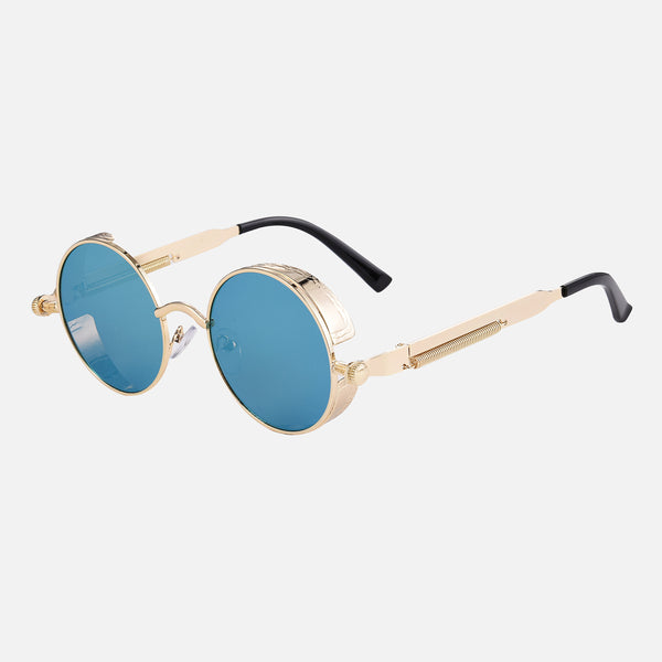 Vochi - Green Mirror Lens / Gold Frame - anti scratch coating, bold glasses, CE certified eyewear, expressive eyewear, premium sunglasses, statement sunglasses, unisex sunglasses, UV400 protection, vochi style sunglasses, voice inspired shades - Gold metal round frames with blue mirror lenses and black temple tips sunglasses.