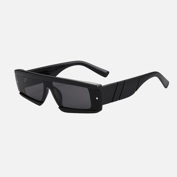 Phantom - Black Frame - anti scratch coating, CE certified eyewear, dark glasses, mysterious sunglasses, phantom style sunglasses, premium sunglasses, sleek shades, stealth eyewear, unisex sunglasses, UV400 protection - Black rectangular frames with dark lenses and angular stealth-inspired detailing on the temples.
