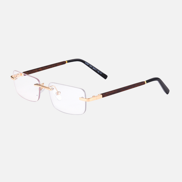 Wemble - Clear - Clear Lenses / Wooden Frame - anti fatigue lenses, blue light blocking glasses, clear lens frames, computer glasses, digital eye strain glasses, eye protection glasses, gaming glasses, office eyewear, screen protection eyewear, work from home accessories - Rectangular clear lens glasses with gold and dark wooden frames and black temple tips.