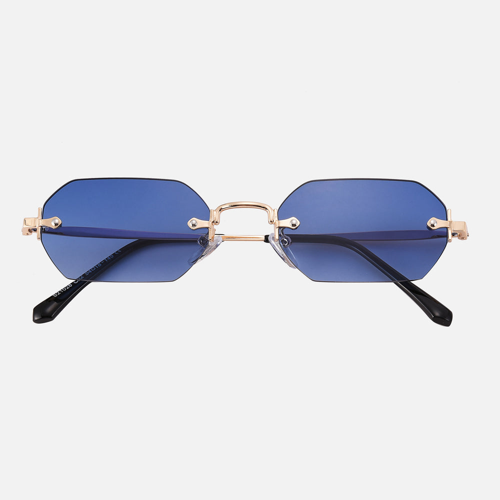 Mystic - Blue Lenses / Gold Frame - anti scratch coating, CE certified eyewear, elegant glasses, enchanting eyewear, mysterious shades, mystic style sunglasses, premium sunglasses, sophisticated sunglasses, unisex sunglasses, UV400 protection - Gold metal frames with angular blue lenses and black temple tips sunglasses.