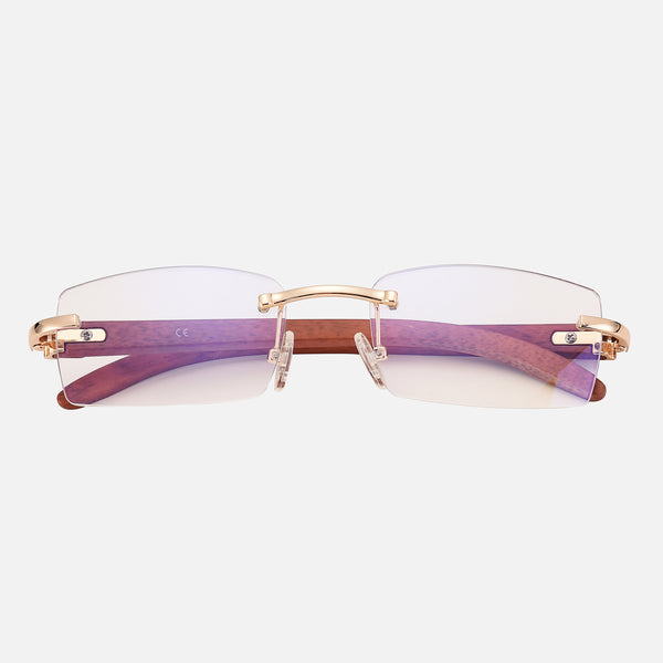 Ambush - Clear - Clear Lenses / Wooden Frame - anti fatigue lenses, blue light blocking glasses, clear lens frames, computer glasses, digital eye strain glasses, eye protection glasses, gaming glasses, office eyewear, screen protection eyewear, work from home accessories - Rimless clear lenses with rose gold metal accents and wooden textured purple-brown frames.