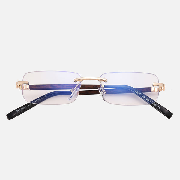 Wemble - Clear - Clear Lenses / Wooden Frame - anti fatigue lenses, blue light blocking glasses, clear lens frames, computer glasses, digital eye strain glasses, eye protection glasses, gaming glasses, office eyewear, screen protection eyewear, work from home accessories - Clear rectangular lenses with lightweight rose gold frames and black temple tips modern computer glasses.