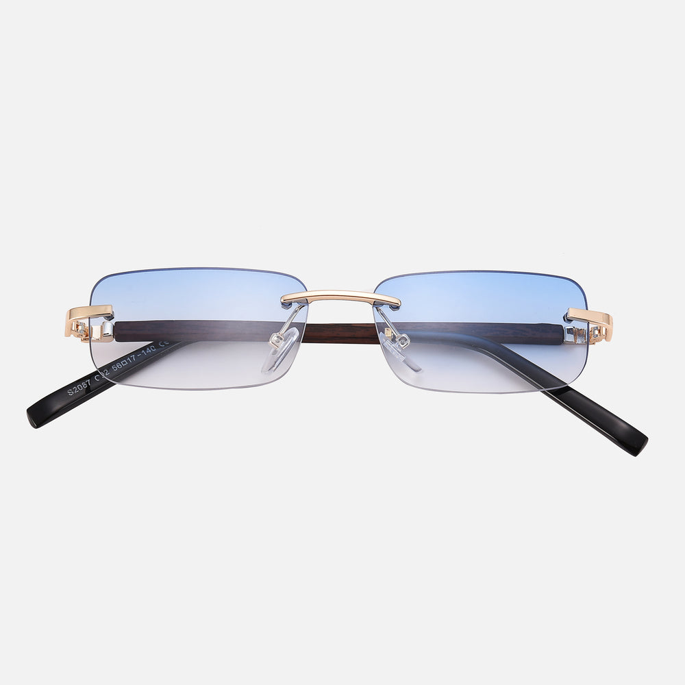 Wemble - Blue Lenses / Wooden Frame - anti scratch coating, CE certified eyewear, classic shades, elegant glasses, premium sunglasses, refined eyewear, sophisticated sunglasses, unisex sunglasses, UV400 protection, wemble style sunglasses - Rectangular blue gradient lenses with thin gold metal frames and black temple tips sunglasses.