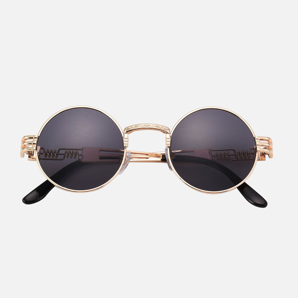Tripper - Black Lenses / Gold Frame - adventure eyewear, anti scratch coating, CE certified eyewear, explorer glasses, outdoor sunglasses, premium sunglasses, travel shades, tripper style sunglasses, unisex sunglasses, UV400 protection - Round black lenses with thin gold metal frames and black temple tips sunglasses.